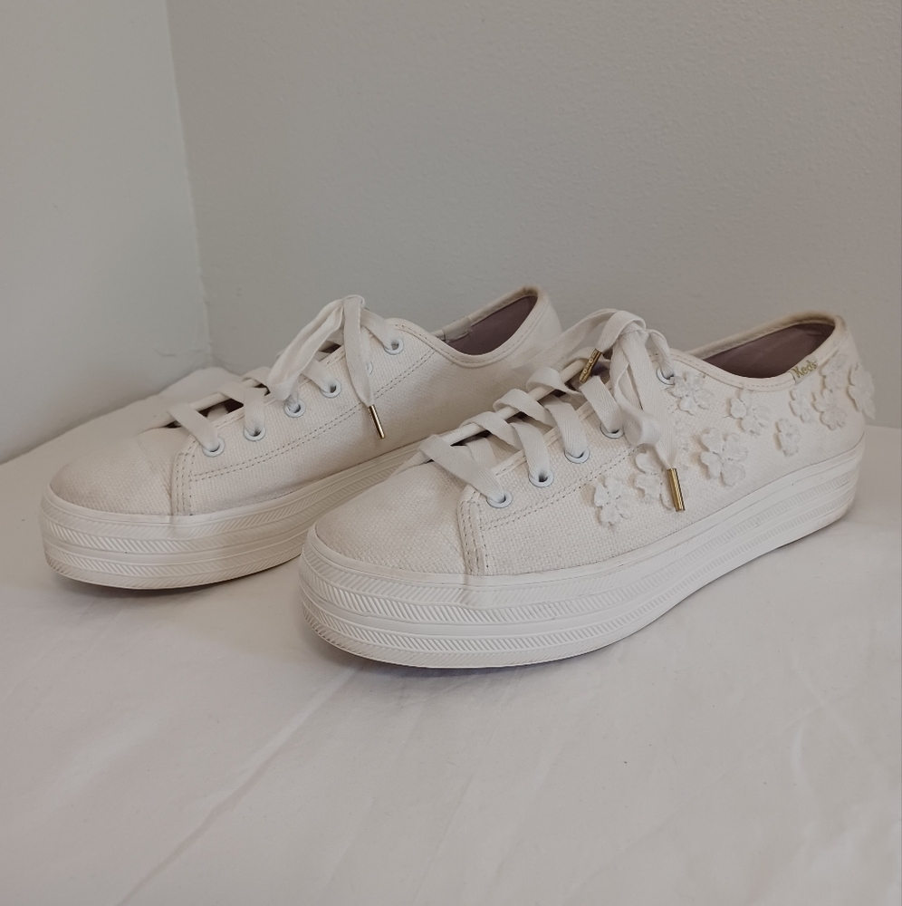 Kate Spade Keds plataform sneakers floral white gold lace-up  size8.5 women's
